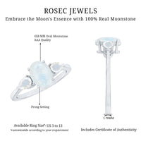 Natural moonstone three-stone engagement ring by Rosec Jewels featuring a graceful design and sparkling gemstones.