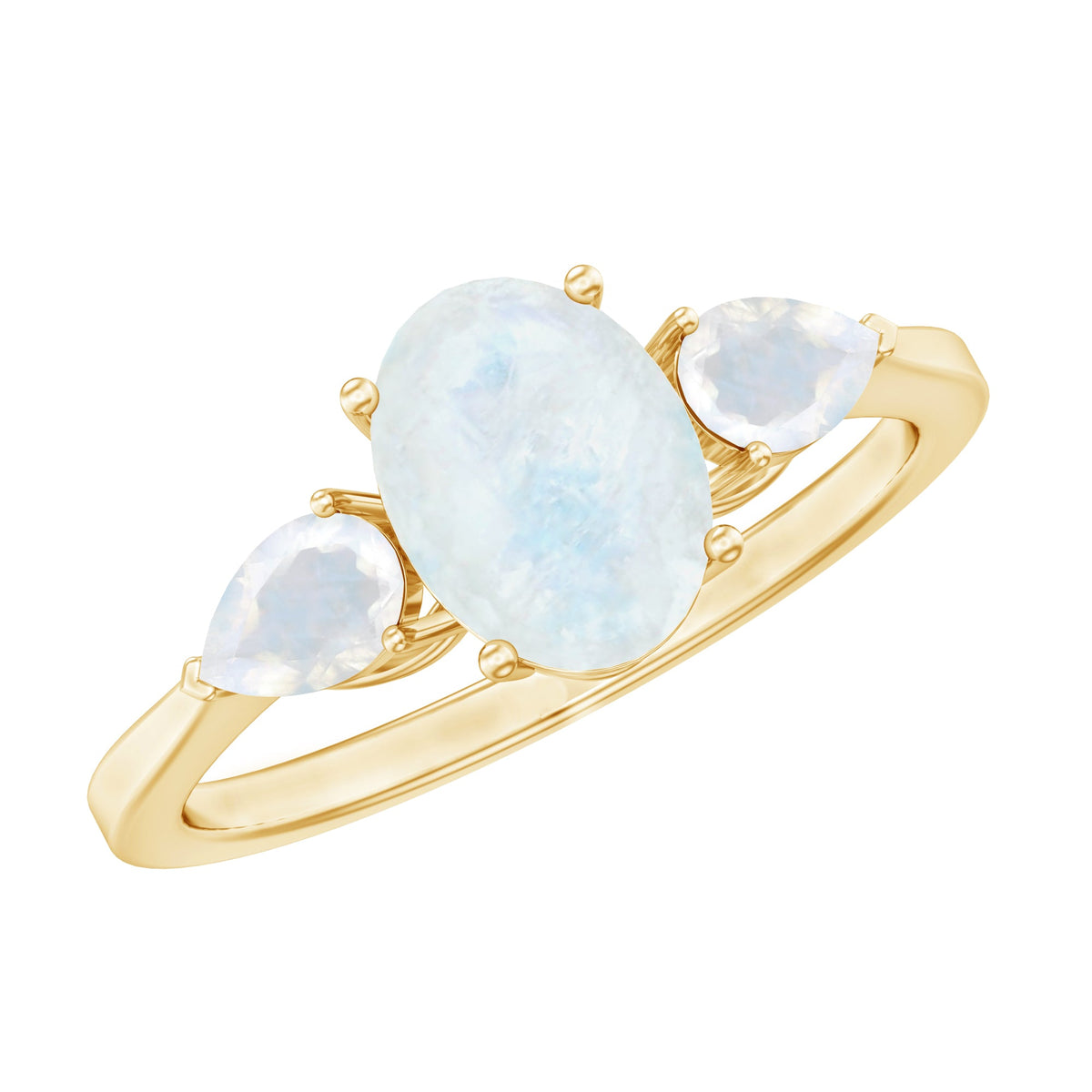 Natural moonstone three-stone engagement ring by Rosec Jewels featuring a central moonstone with two side stones in a silver setting