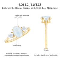 Natural moonstone three-stone engagement ring from Rosec Jewels, featuring a central moonstone flanked by two smaller stones.