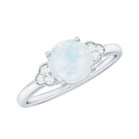 Elegant 1.50 CT moonstone solitaire engagement ring with diamond trio accents by Rosec Jewels, showcasing a polished gold band.