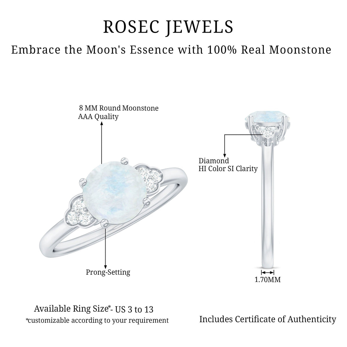 Rosec Jewels 1.50 CT moonstone solitaire engagement ring with diamond trio setting, showcasing the elegant ring design.