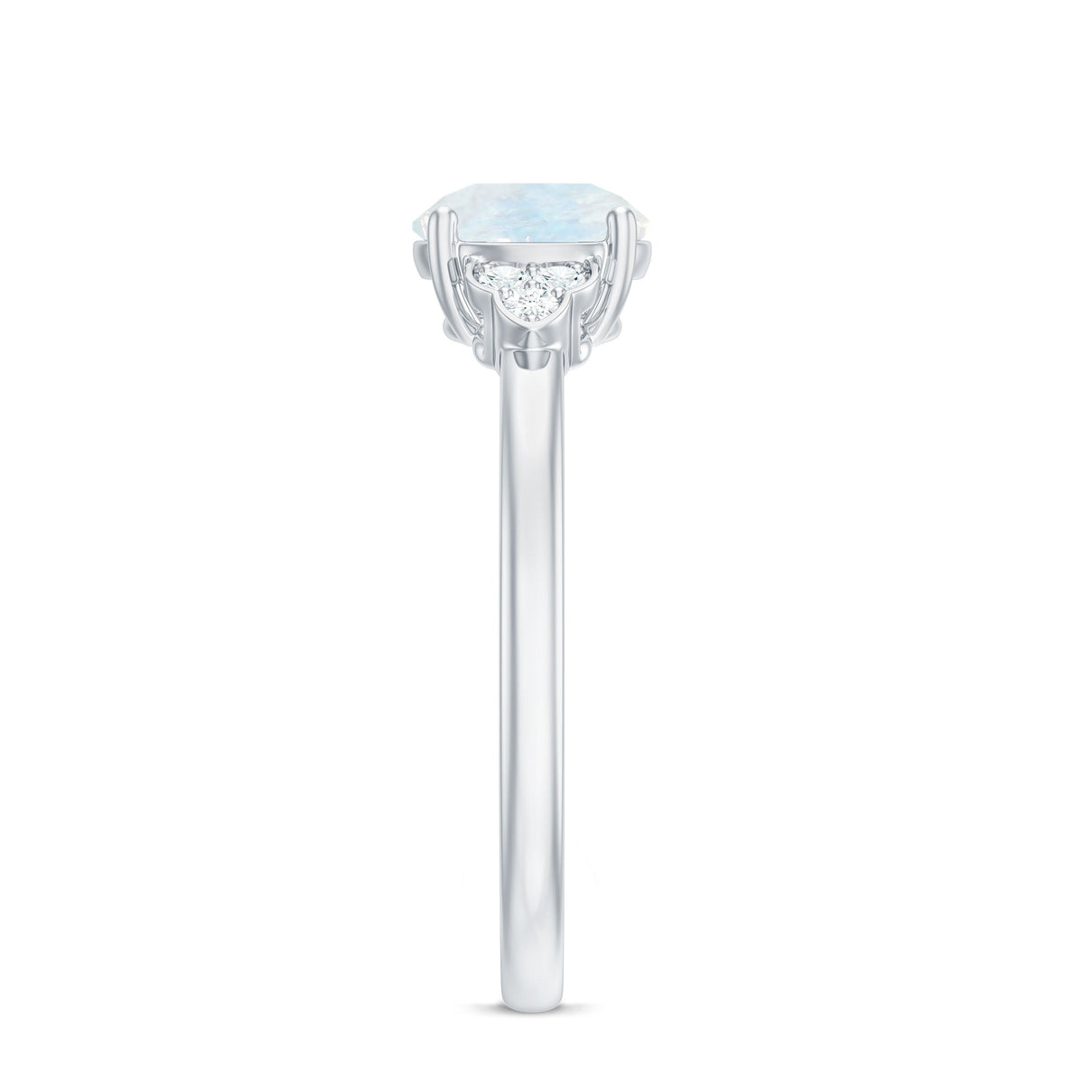 Rosec Jewels 1.50 CT moonstone solitaire engagement ring with diamond trio accents, showcasing a elegant ring design.