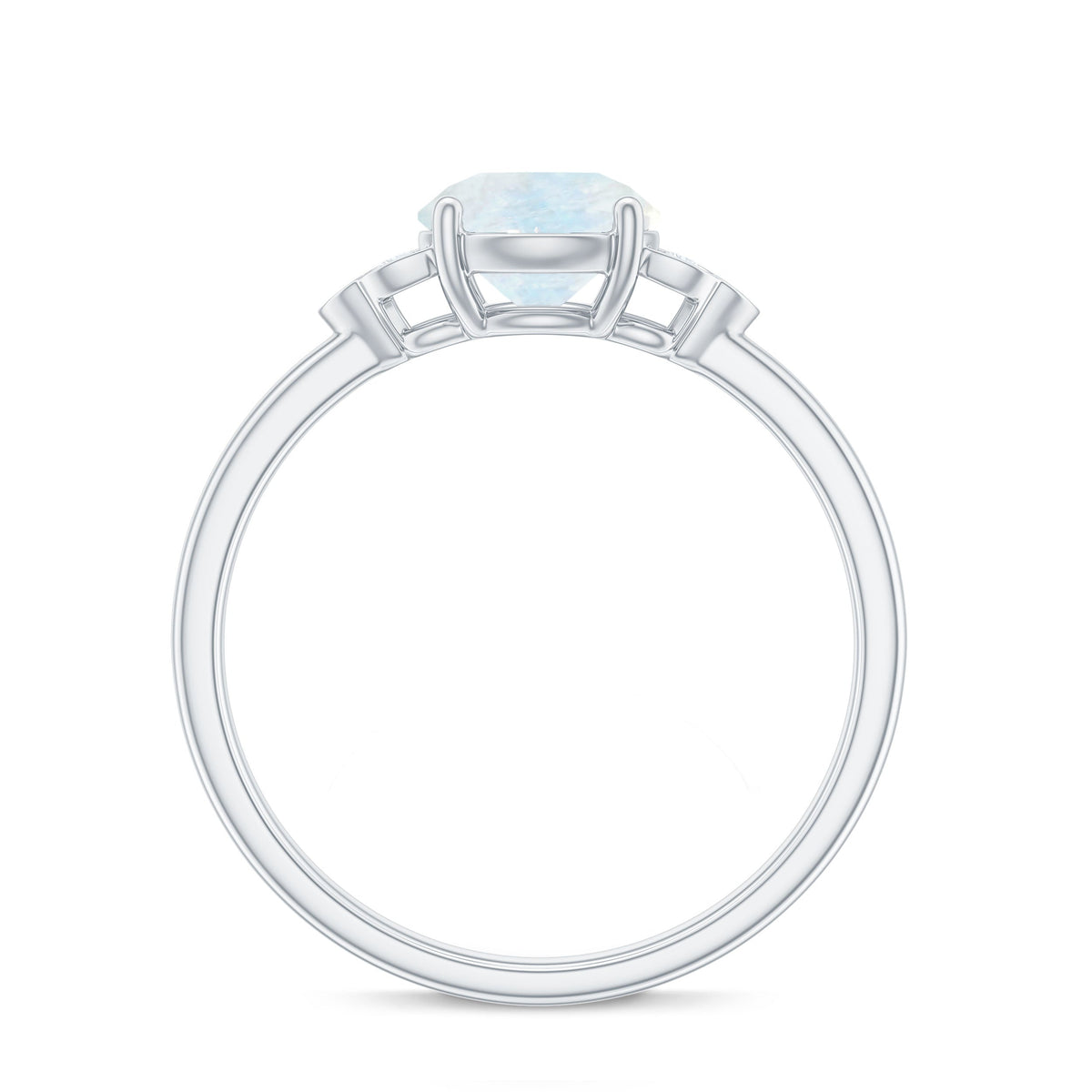 Rosec Jewels 1.50 CT moonstone solitaire engagement ring with diamond trio setting, featuring a smooth band and elegant design.