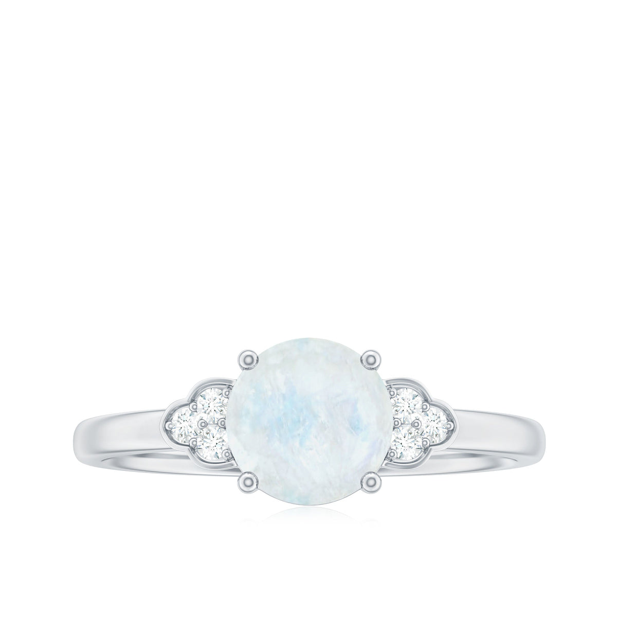 Rosec Jewels 1.50 CT moonstone solitaire engagement ring with a diamond trio setting, showcasing a elegant silver band.