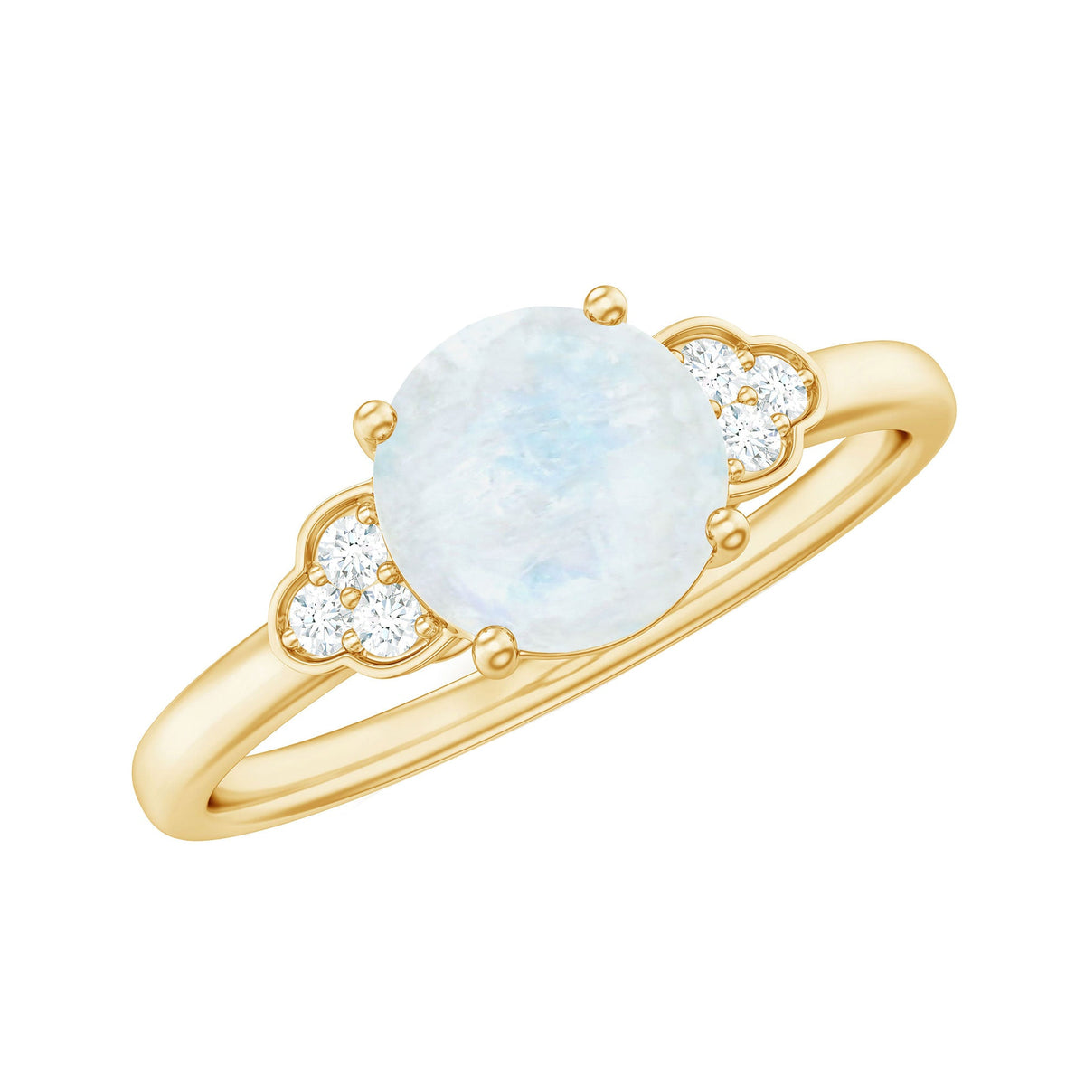 Rosec Jewels 1.50 CT moonstone solitaire engagement ring with diamond trio setting, showcasing a sparkling moonstone and elegant band.