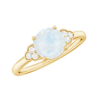 Rosec Jewels 1.50 CT moonstone solitaire engagement ring with diamond trio setting, showcasing a sparkling moonstone and elegant band.