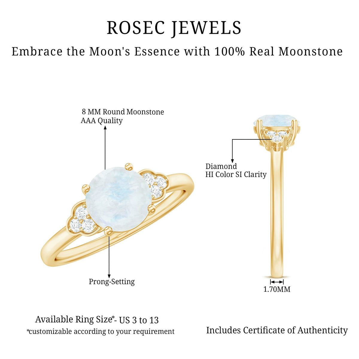 Rosec Jewels 1.50 CT moonstone solitaire engagement ring with diamond trio accent, showcasing a delicate gold band and sparkling stones.