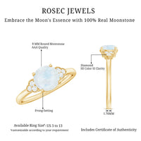 Rosec Jewels 1.50 CT moonstone solitaire engagement ring with diamond trio accent, showcasing a delicate gold band and sparkling stones.