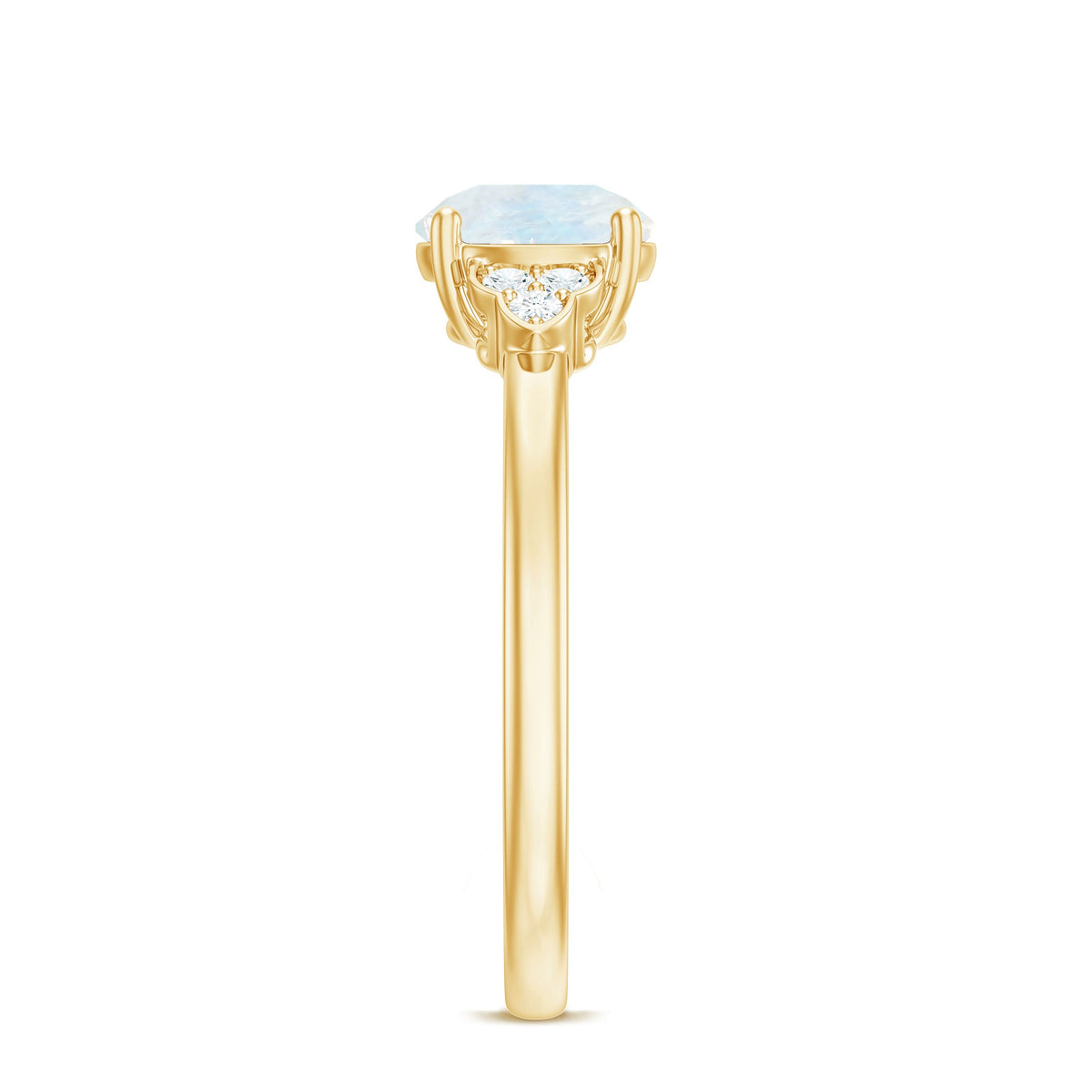 Rosec Jewels 1.50 CT moonstone solitaire engagement ring with diamond trio accent, showcasing a sparkling moonstone gemstone and elegant design.