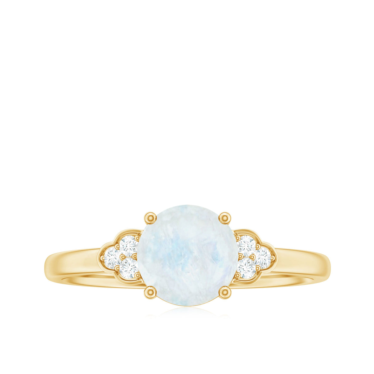Rosec Jewels 1.50 CT moonstone solitaire engagement ring with diamond trio accents, featuring a sleek silver band and elegant design.