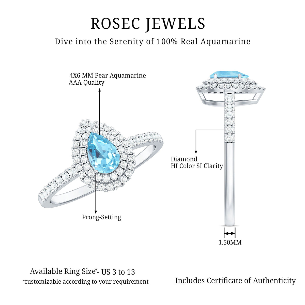 Aquamarine and diamond teardrop engagement ring with double halo design from Rosec Jewels, showcasing intricate craftsmanship.