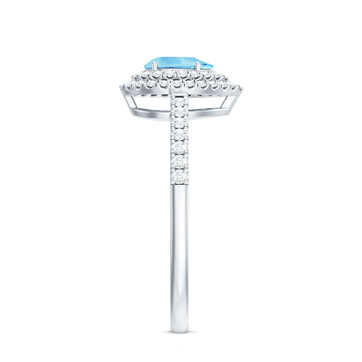 Elegant aquamarine and diamond teardrop engagement ring with double halo from Rosec Jewels, featuring intricate detailing.
