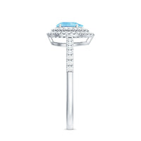 Elegant aquamarine and diamond teardrop engagement ring with double halo from Rosec Jewels, featuring intricate detailing.