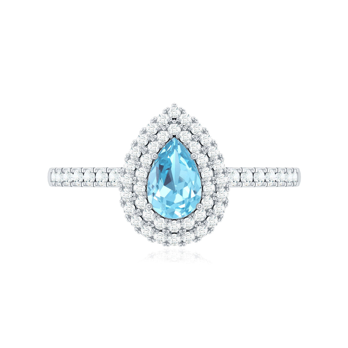 Elegant aquamarine and diamond teardrop engagement ring with double halo by Rosec Jewels, featuring intricate design details.