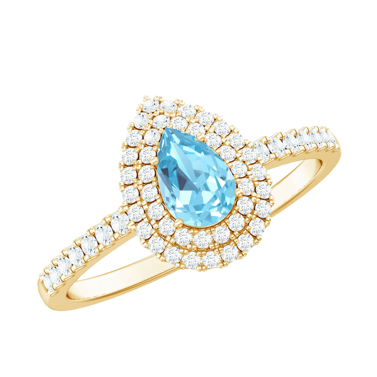 Rosec Jewels classic aquamarine and diamond teardrop engagement ring with double halo and intricate band design.