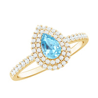 Rosec Jewels classic aquamarine and diamond teardrop engagement ring with double halo and intricate band design.