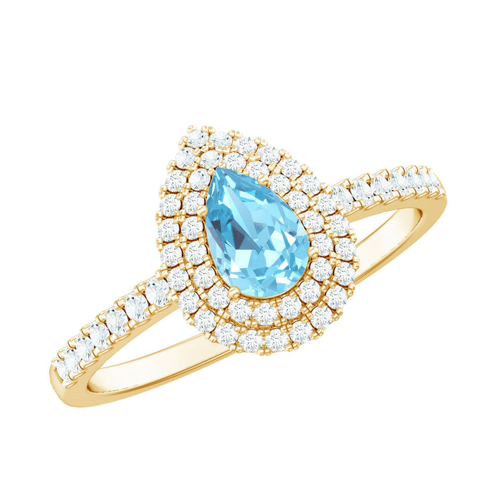 Rosec Jewels classic aquamarine and diamond teardrop engagement ring with double halo and intricate band design.