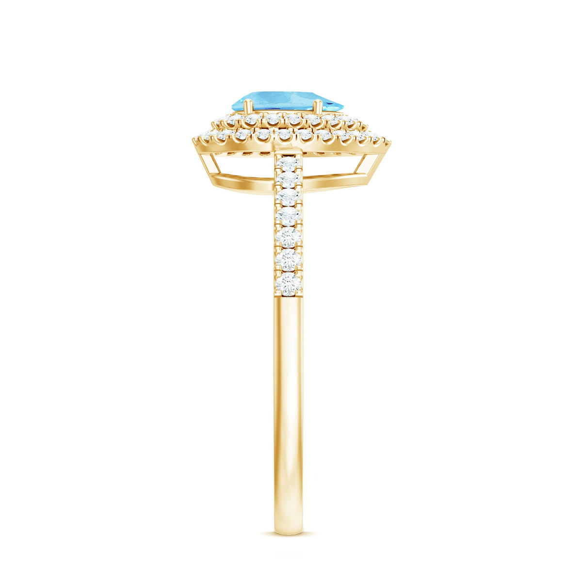 Rosec Jewels classic aquamarine and diamond teardrop engagement ring with double halo, showcasing intricate metalwork and sparkling gemstones.