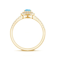 Rosec Jewels classic aquamarine and diamond teardrop engagement ring with double halo, featuring intricate design and sparkling gemstones.