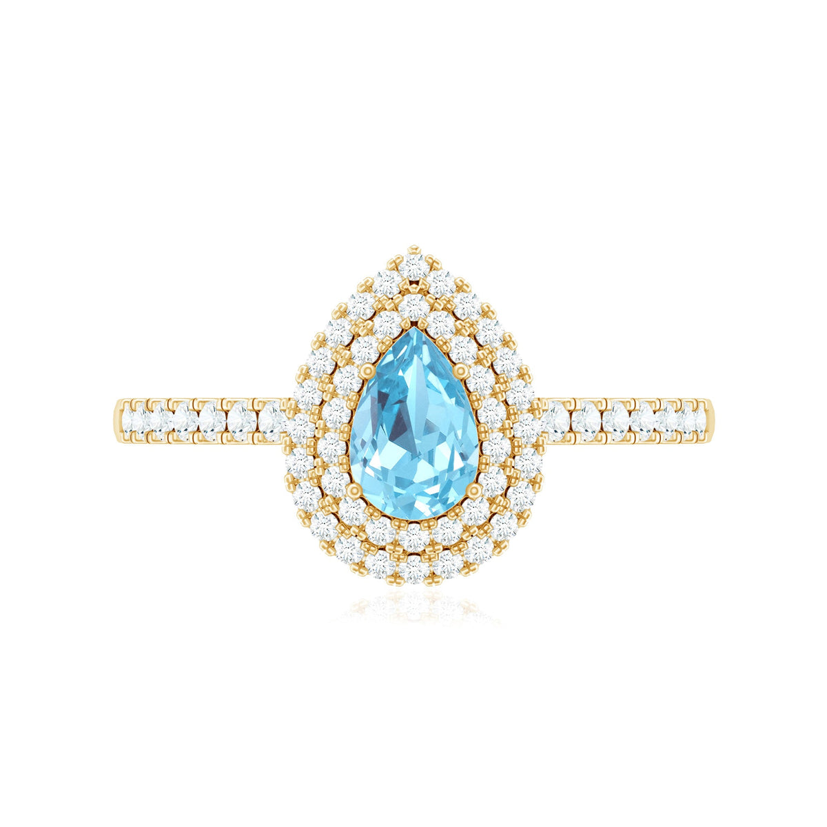 Elegant aquamarine and diamond teardrop engagement ring with double halo by Rosec Jewels, showcasing intricate design and sparkling gemstones.