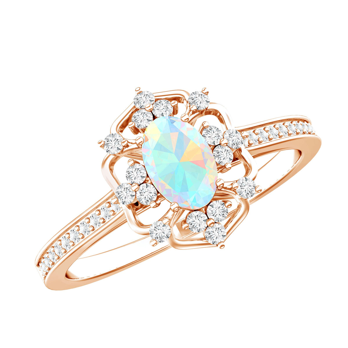 Natural oval Ethiopian rainbow opal vintage engagement ring with diamond accents, crafted by Rosec Jewels.