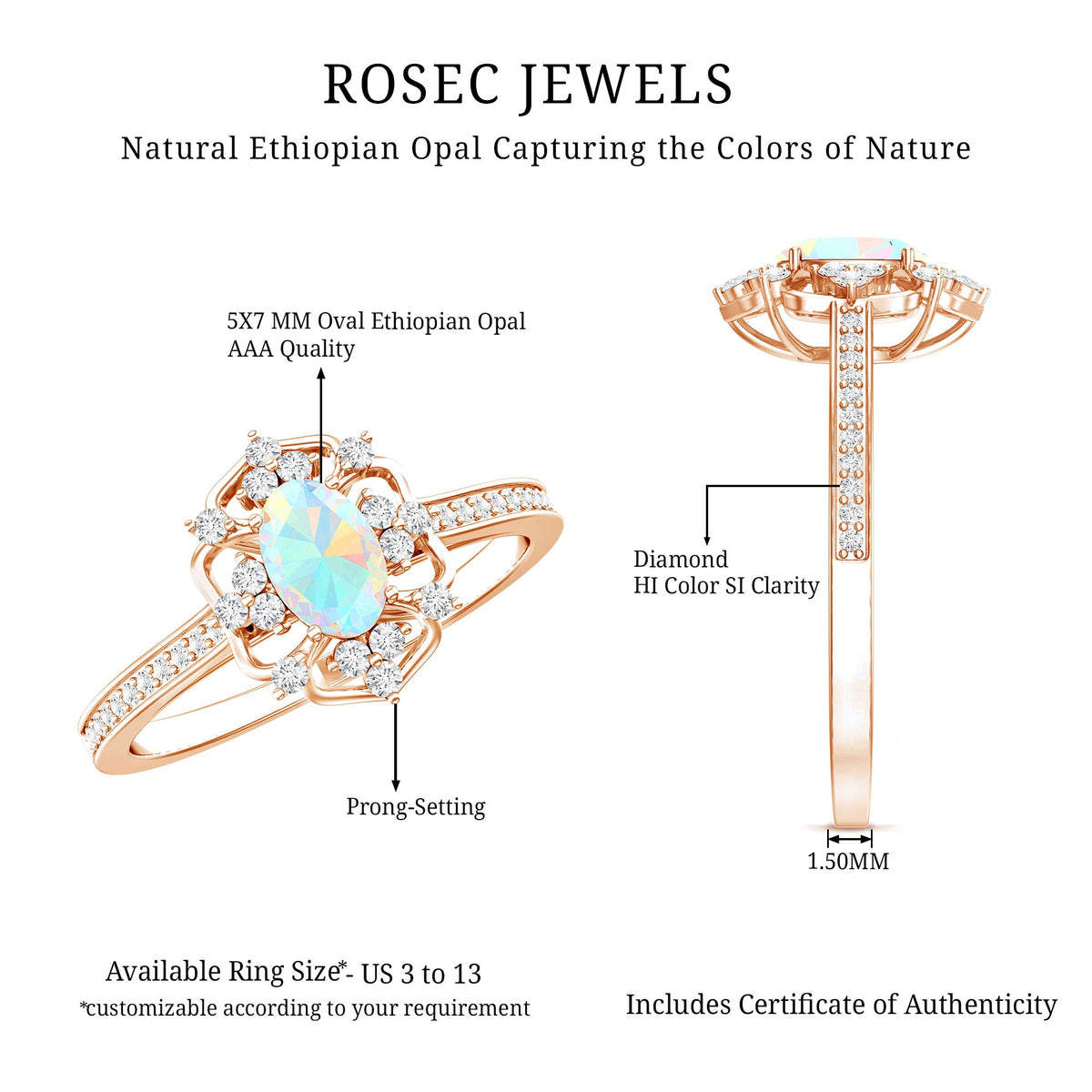 Natural oval Ethiopian rainbow opal engagement ring with vintage style and diamond accent by Rosec Jewels