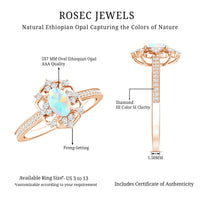 Natural oval Ethiopian rainbow opal engagement ring with vintage style and diamond accent by Rosec Jewels