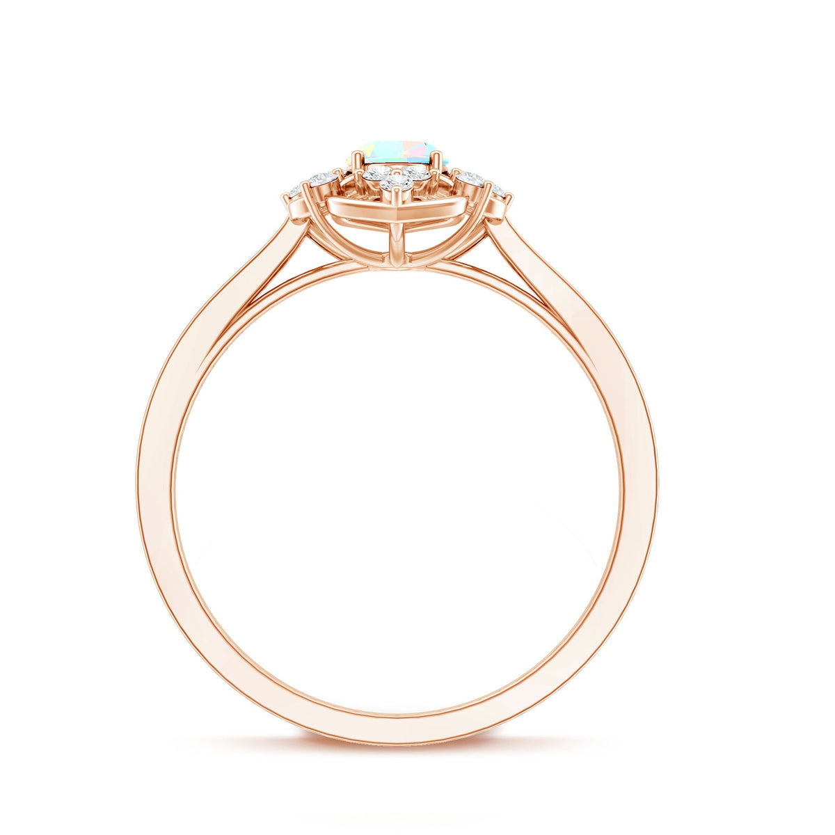 Natural oval Ethiopian rainbow opal engagement ring with vintage design and diamond accents by Rosec Jewels.
