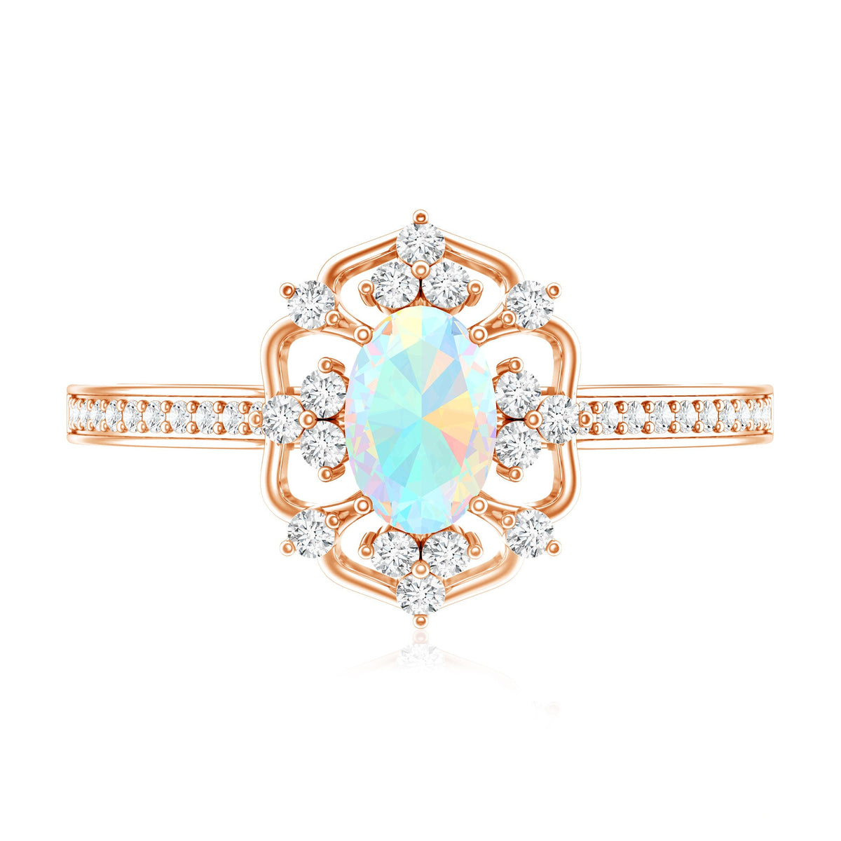Oval Ethiopian Rainbow Opal engagement ring with vintage design and diamond accents, crafted by Rosec Jewels.