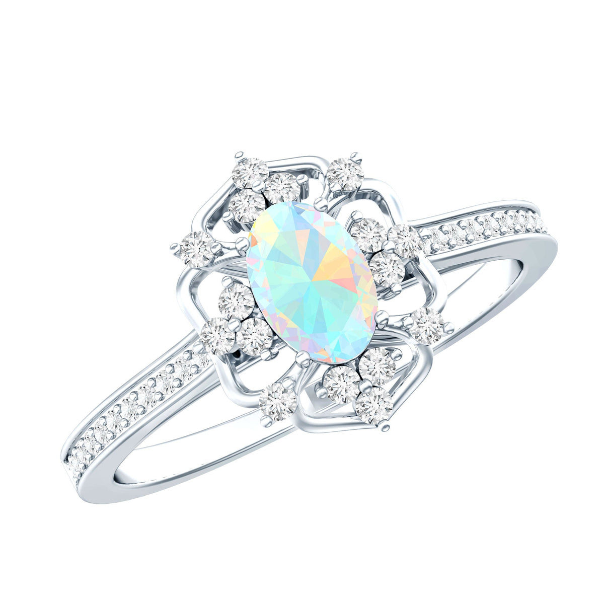 Oval Ethiopian Rainbow Opal vintage engagement ring with diamond, crafted by Rosec Jewels, showcasing intricate design and colorful stone.