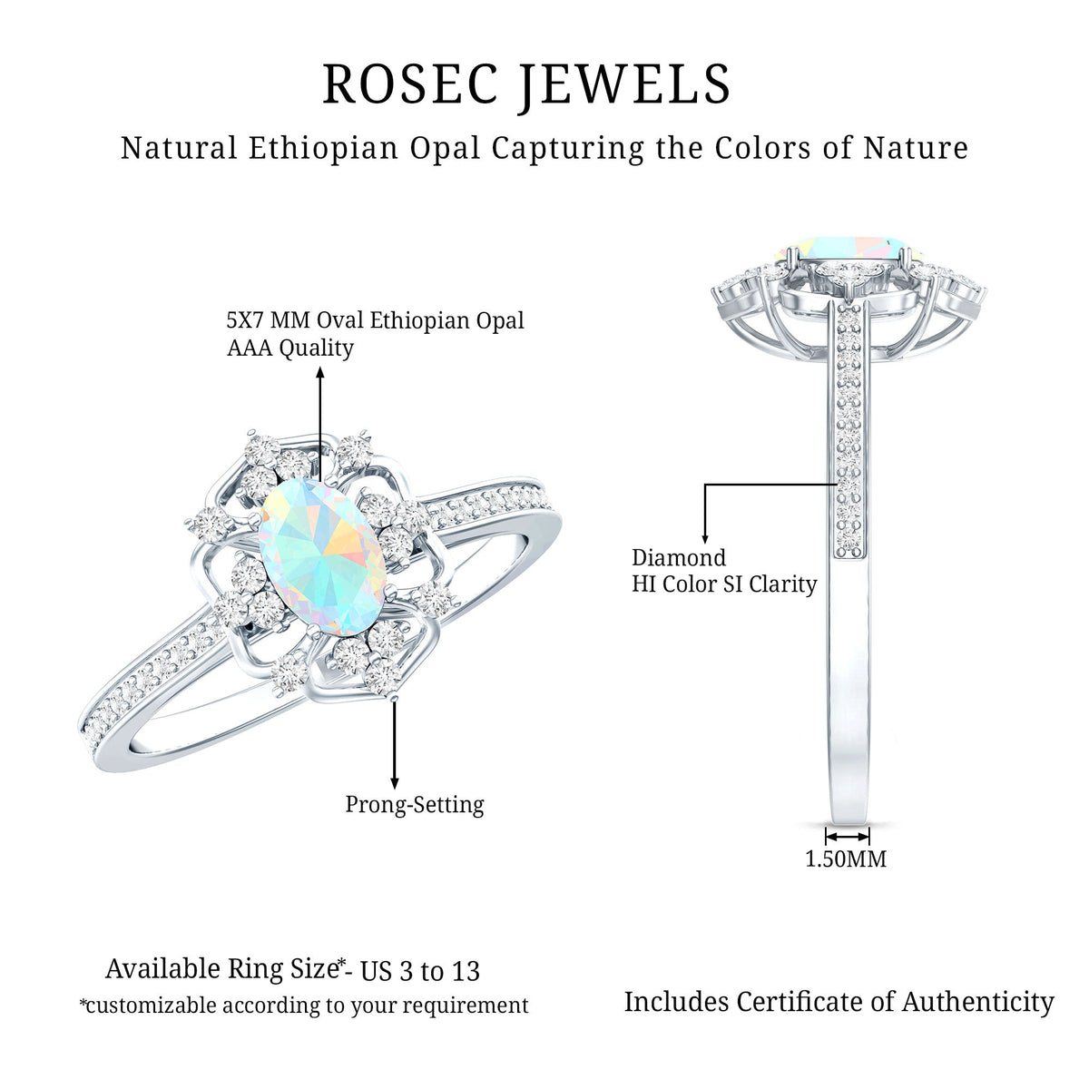 Vintage-style oval Ethiopian Rainbow Opal engagement ring with diamond accents from Rosec Jewels, featuring a natural, vibrant gemstone.
