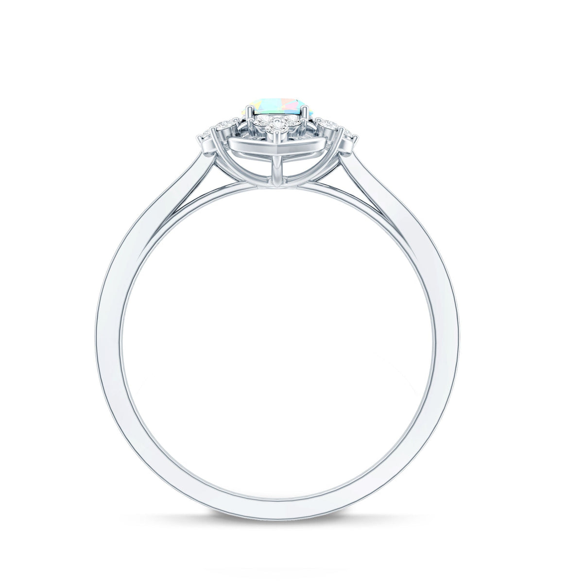 Natural oval Ethiopian Rainbow Opal engagement ring with vintage style and diamond accents, crafted by Rosec Jewels.