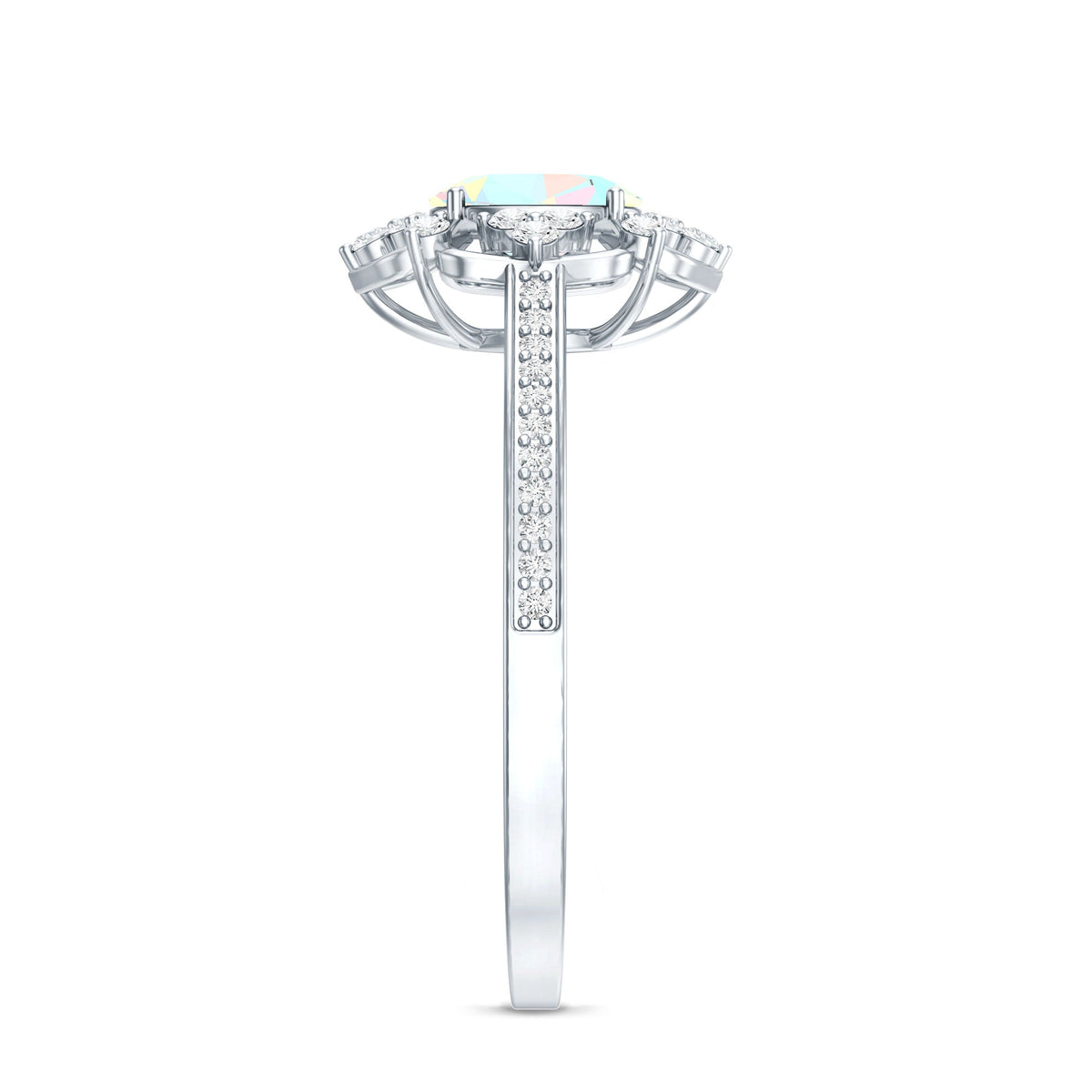 Oval Ethiopian rainbow opal vintage engagement ring with diamond accents, crafted by Rosec Jewels.