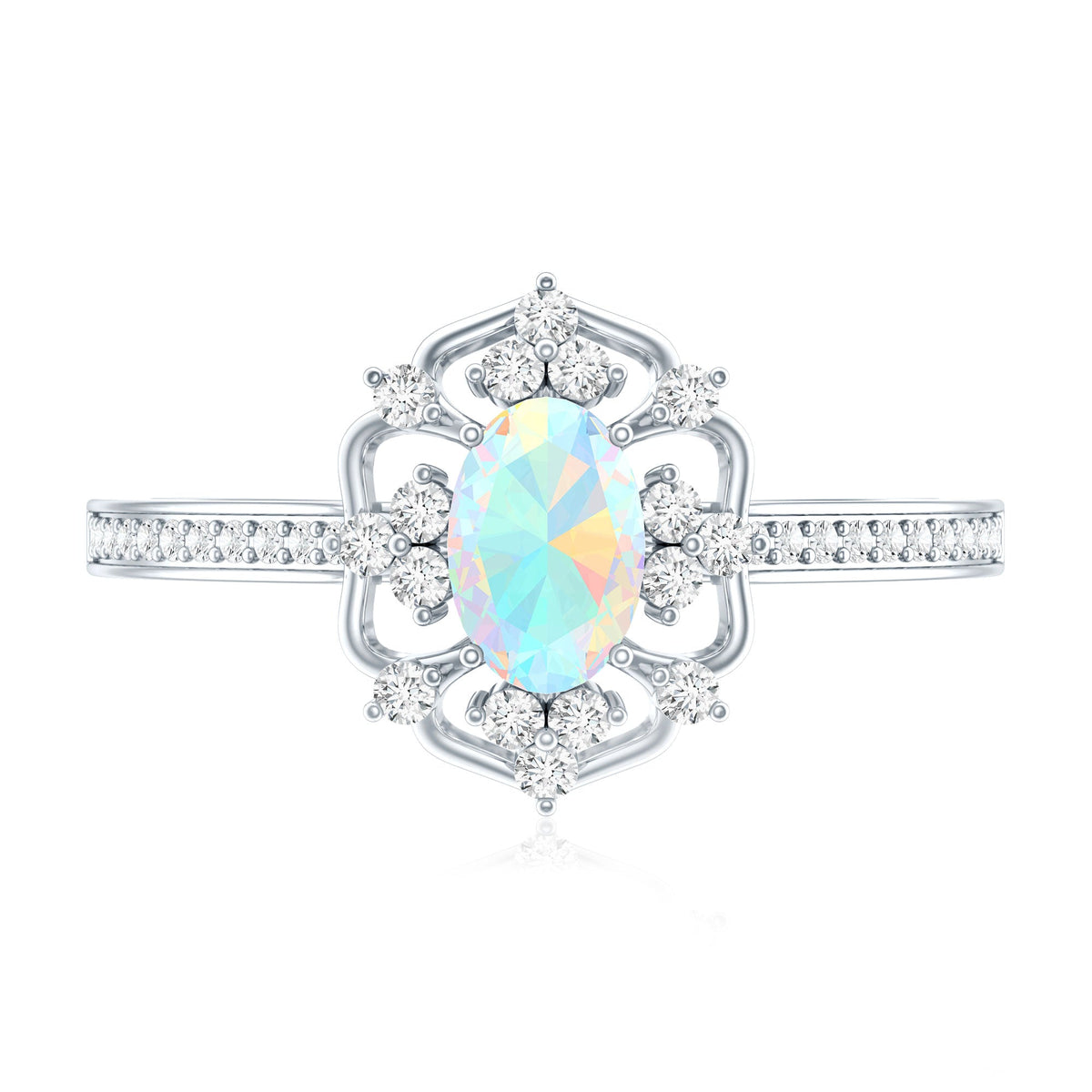 Vintage-style oval Ethiopian rainbow opal engagement ring with diamond accents from Rosec Jewels, showcasing a unique gemstone setting.
