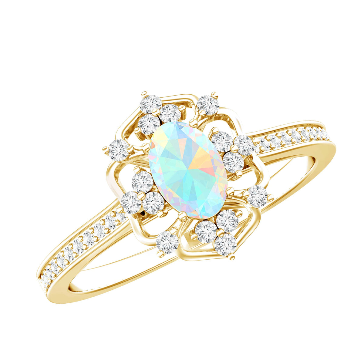 Vintage-style Ethiopian rainbow opal engagement ring with diamond accents, featuring an oval-shaped colorful gemstone set in a ring.
