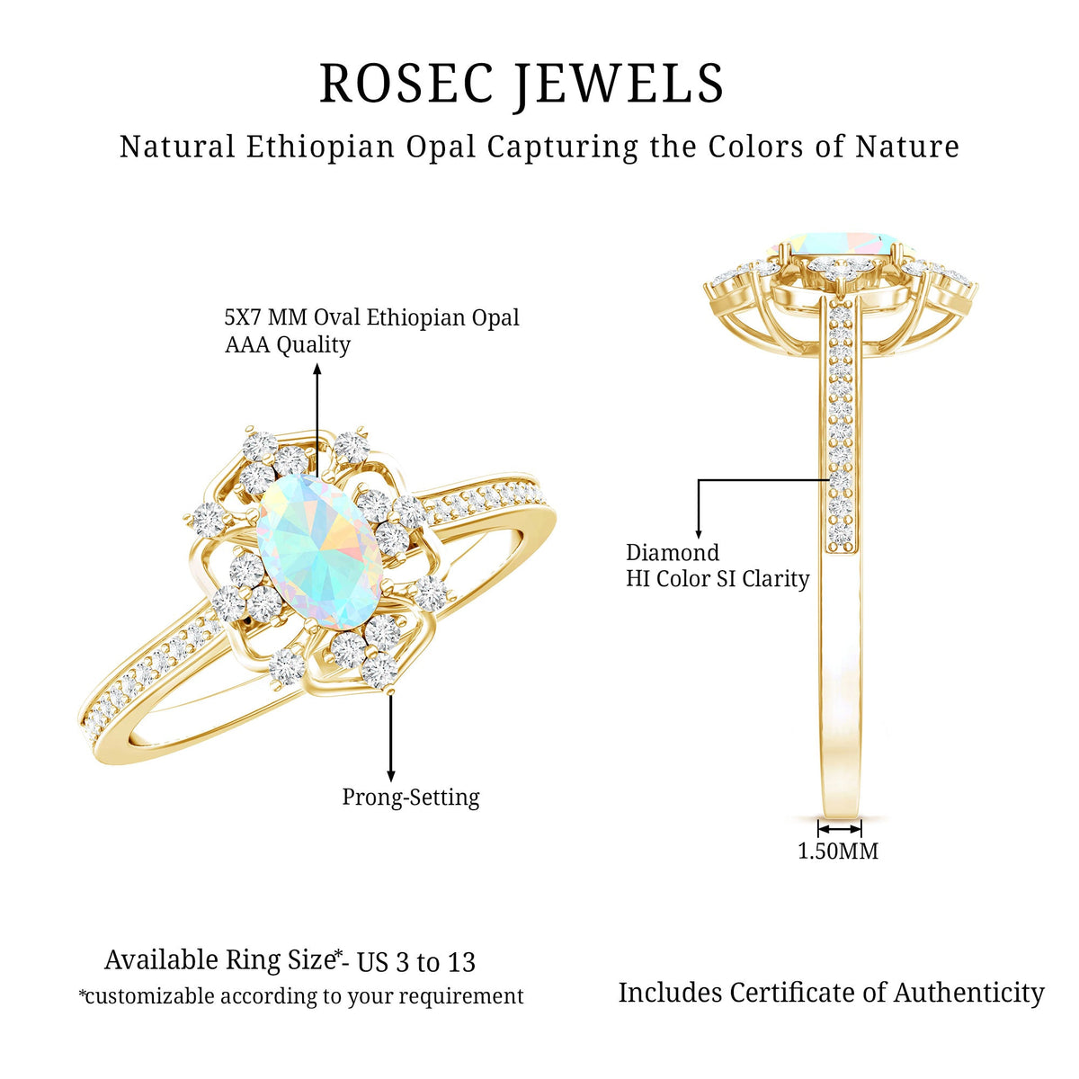 Oval Ethiopian Rainbow Opal vintage engagement ring with diamond setting, featuring a unique, colorful gemstone and elegant design.