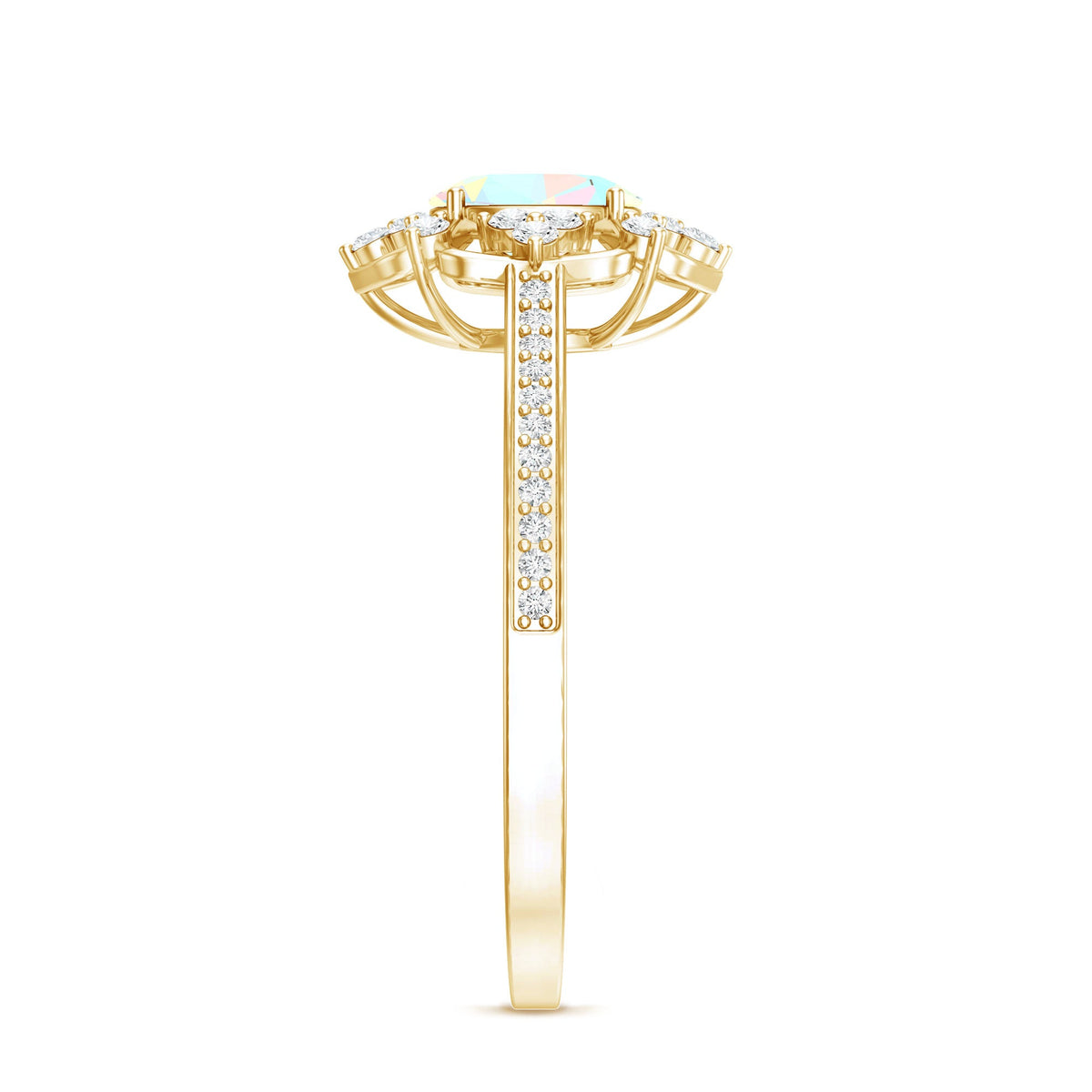 Vintage-style Ethiopian Rainbow Opal engagement ring with diamond accents from Rosec Jewels, featuring an oval-shaped colorful opal centerpiece.