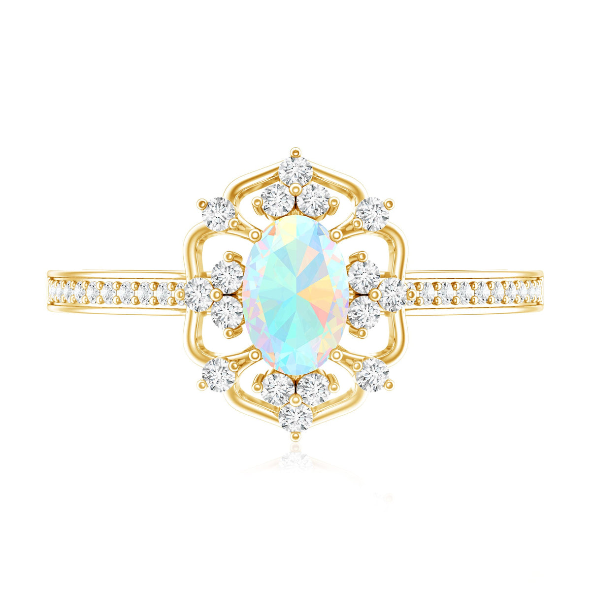 Oval Ethiopian Rainbow Opal vintage engagement ring with diamond, showcasing a unique colorful gemstone setting by Rosec Jewels.
