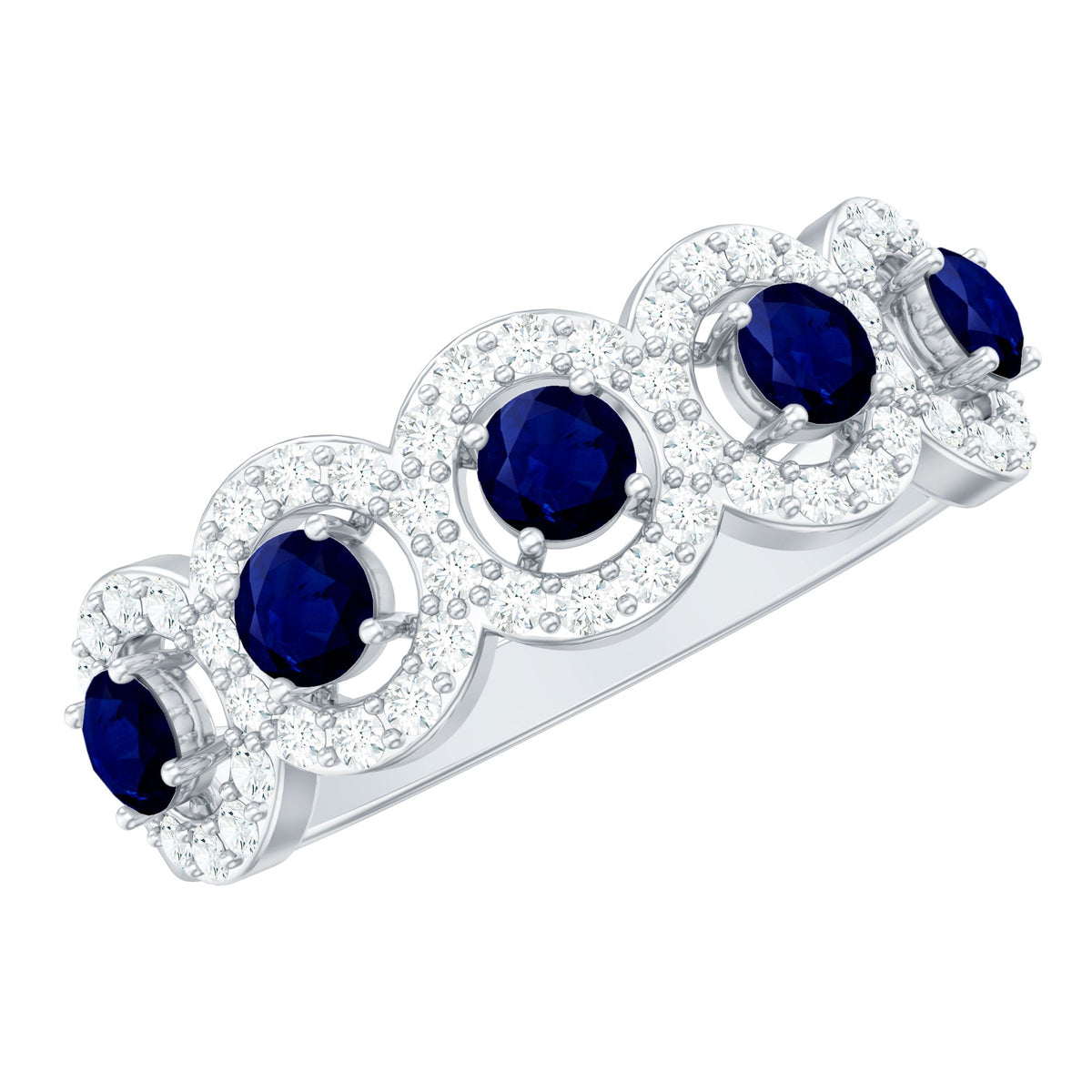 Rosec Jewels Classic Blue Sapphire half eternity ring with diamond accents, showcasing elegant blue sapphires and sparkling diamonds.