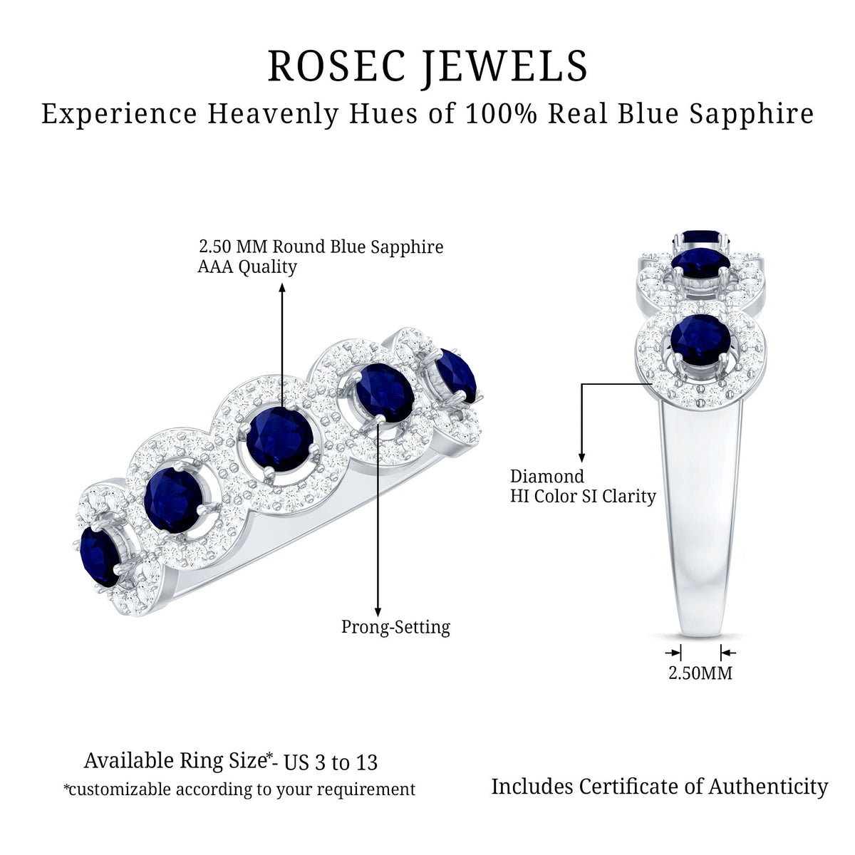 Elegant blue sapphire half eternity ring with diamonds from Rosec Jewels, showcasing a classic design and sparkling gemstone details.