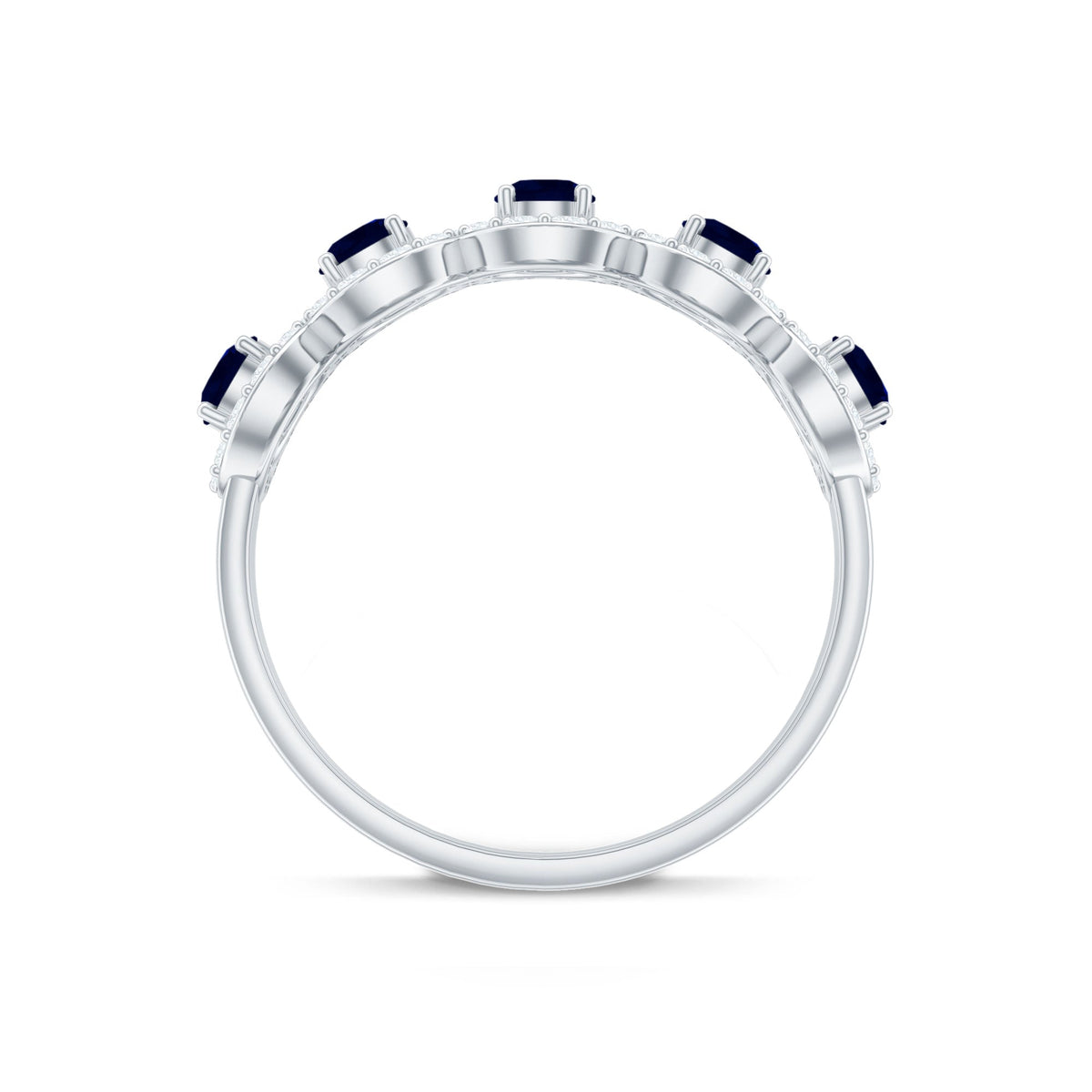 Elegant blue sapphire half eternity ring with diamonds by Rosec Jewels, showcasing a row of sparkling sapphires and diamonds in a classic design.