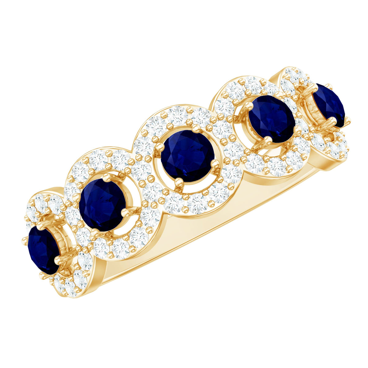 Blue sapphire and diamond half eternity anniversary ring by Rosec Jewels, showcasing a classic blue sapphire band with sparkling diamonds.
