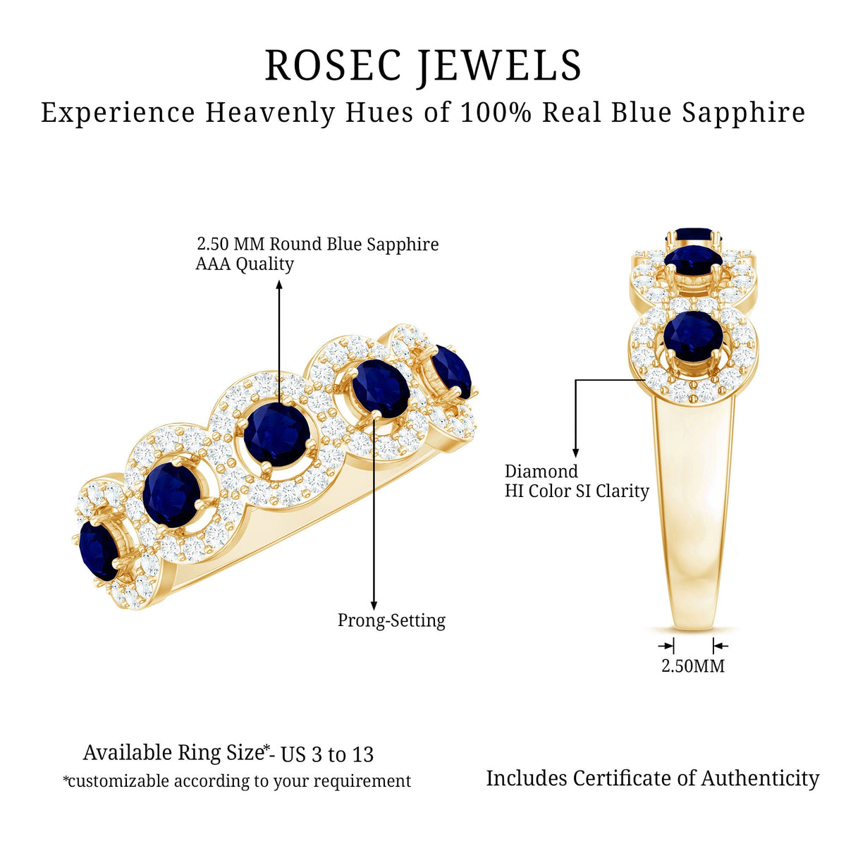 Rosec Jewels blue sapphire half eternity ring with diamonds, showcasing a classic anniversary ring design with sparkling gemstones.