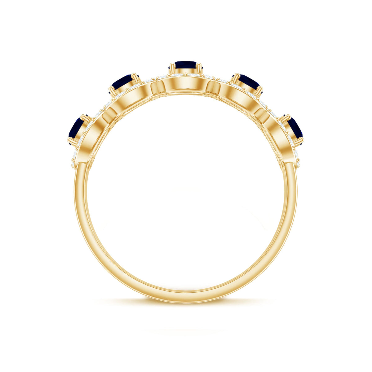 Classic blue sapphire and diamond half eternity ring by Rosec Jewels, showcasing a band with alternating sapphires and diamonds.