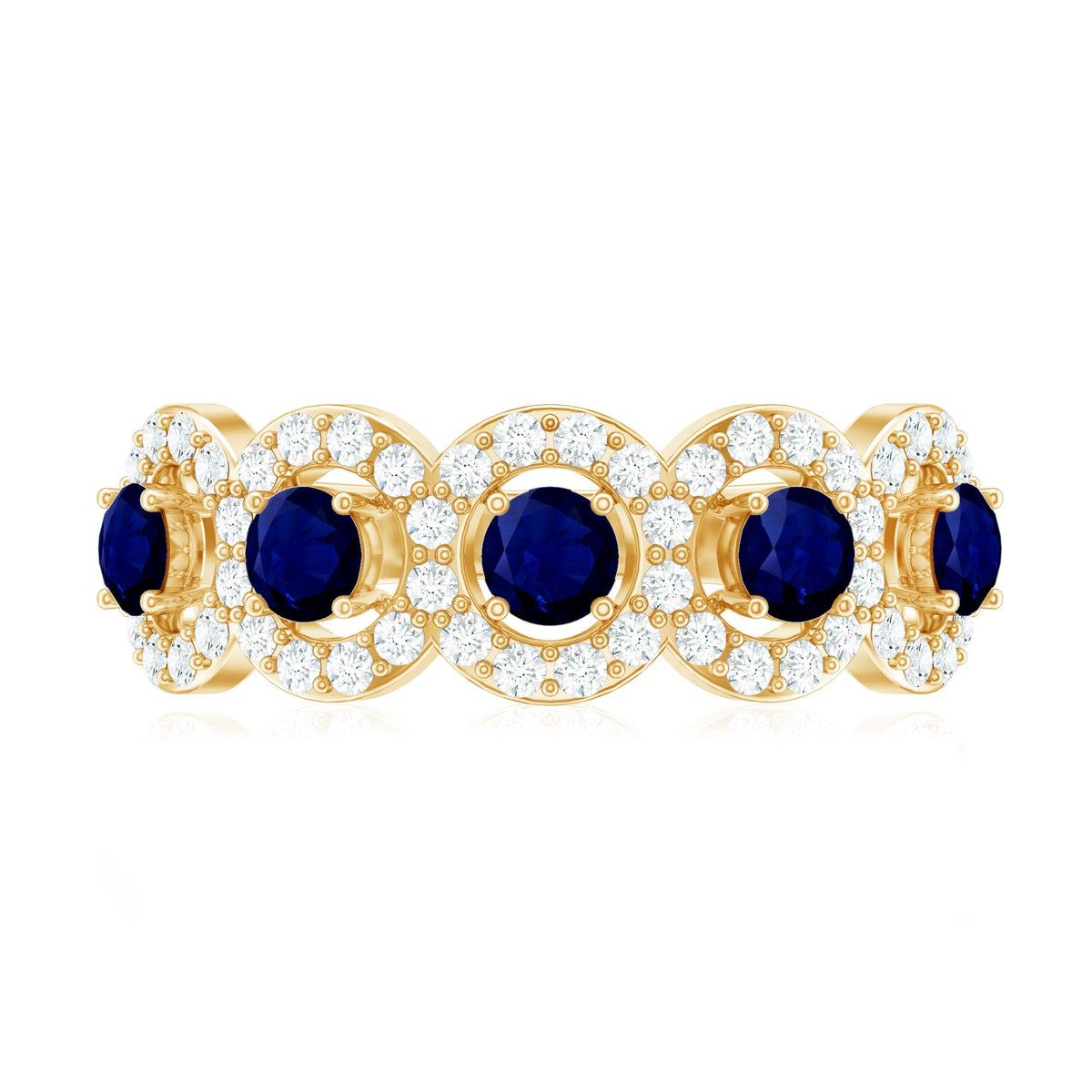 Classic blue sapphire half eternity ring with diamonds from Rosec Jewels, showcasing the elegant band and sparkling gemstones.