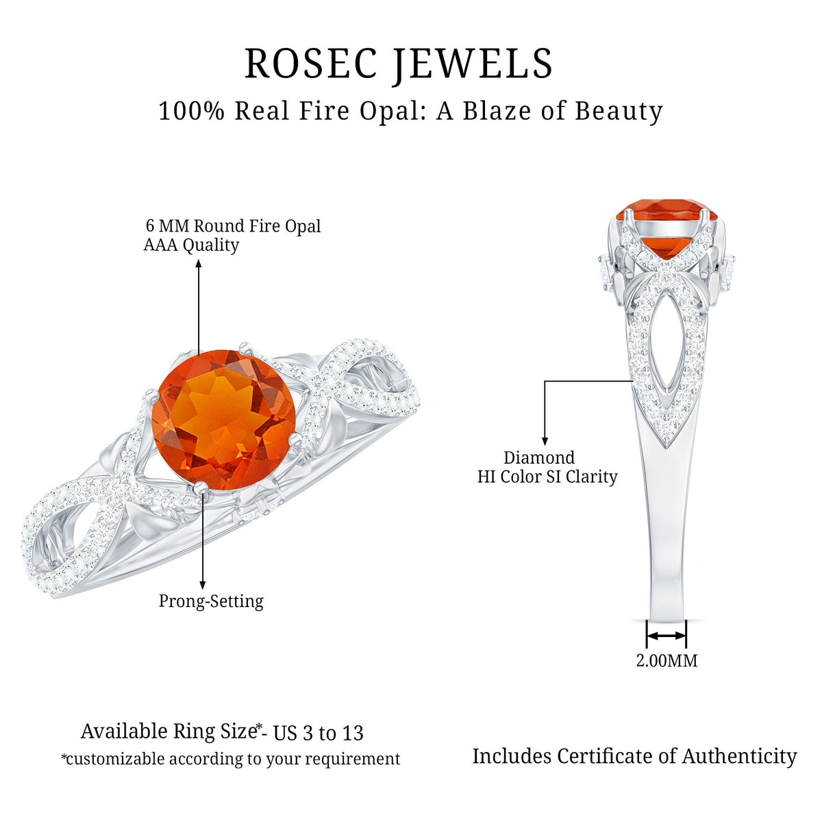 1 CT Fire Opal Crossover Engagement Ring with Diamond