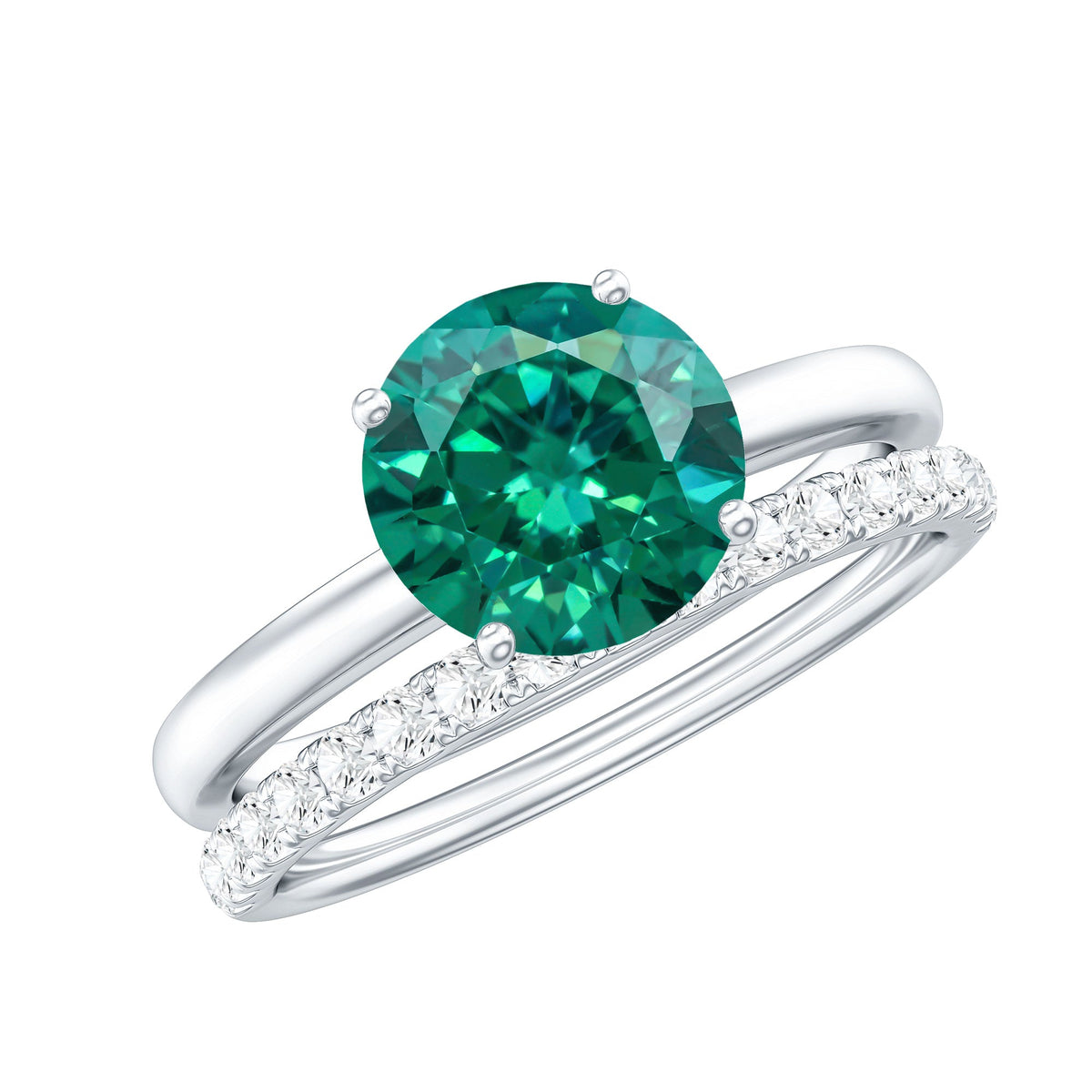 Certified Solitaire Lab Grown Emerald Engagement Ring with Diamond Wedding Band
