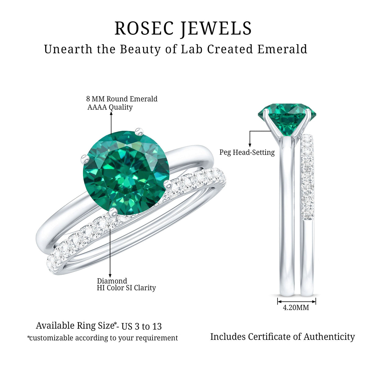 Certified Solitaire Lab Grown Emerald Engagement Ring with Diamond Wedding Band