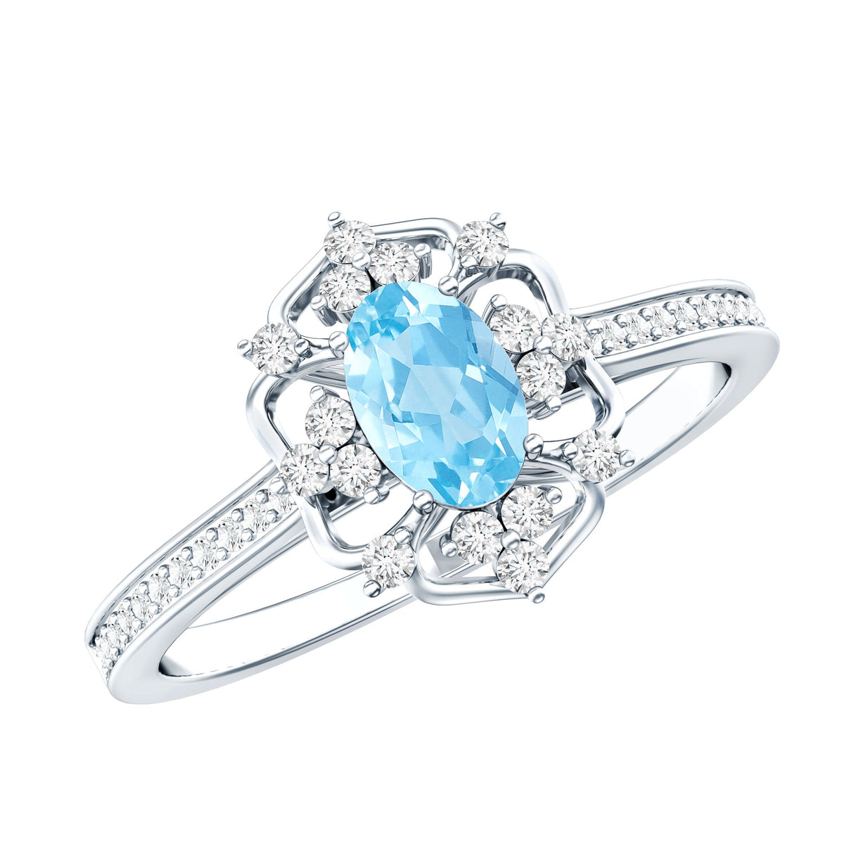 Vintage aquamarine and diamond engagement ring by Rosec Jewels featuring a central aquamarine gemstone and surrounding diamonds.