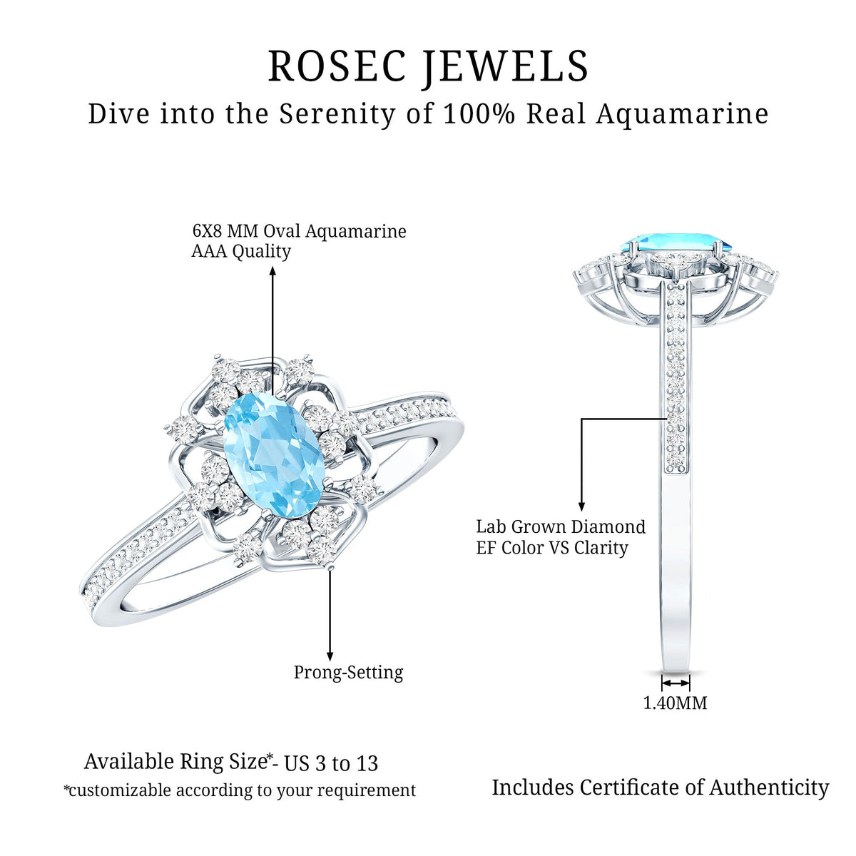 Vintage aquamarine and diamond engagement ring by Rosec Jewels featuring a detailed band and a large central aquamarine gemstone.